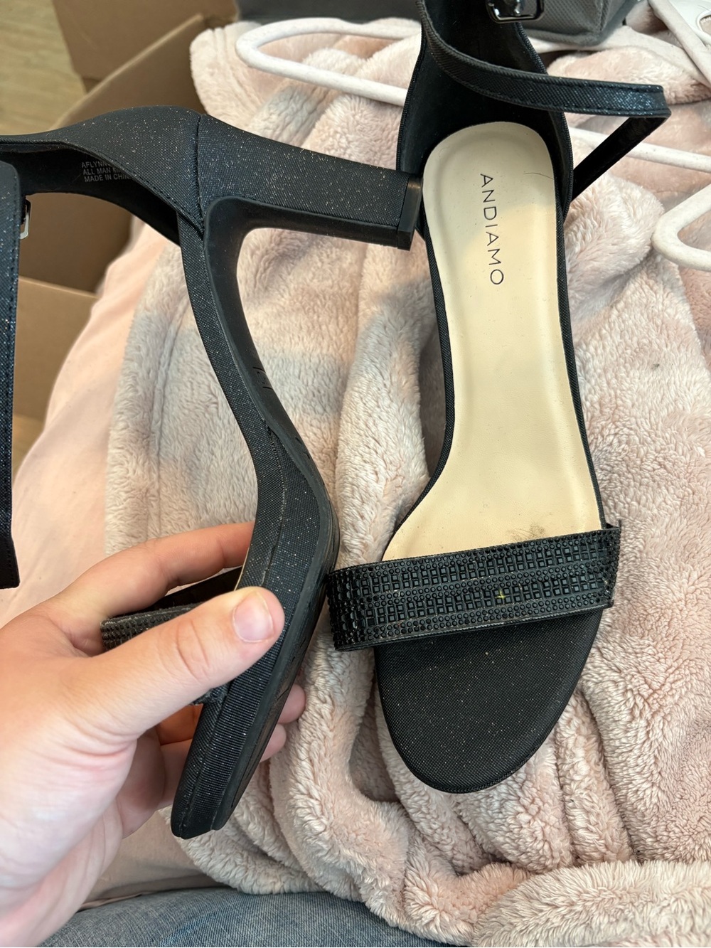 Andiamo Black Sparkle Ankle-Strap Heels